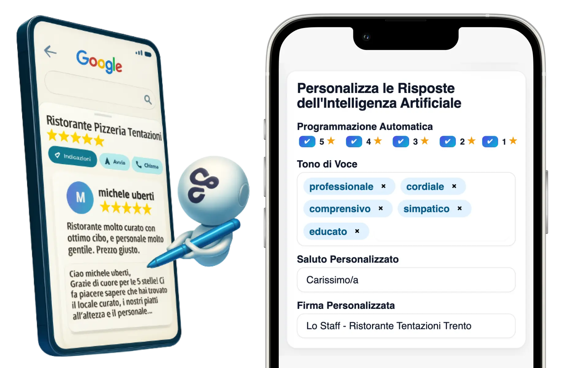 Ristoratore rilassato mentre l’AI risponde alle recensioni